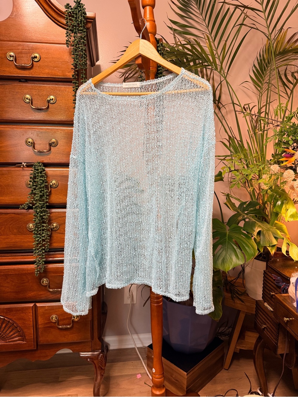 Lightweight Oversized Sheer Sequin Tunic Sweater - Aqua Blue